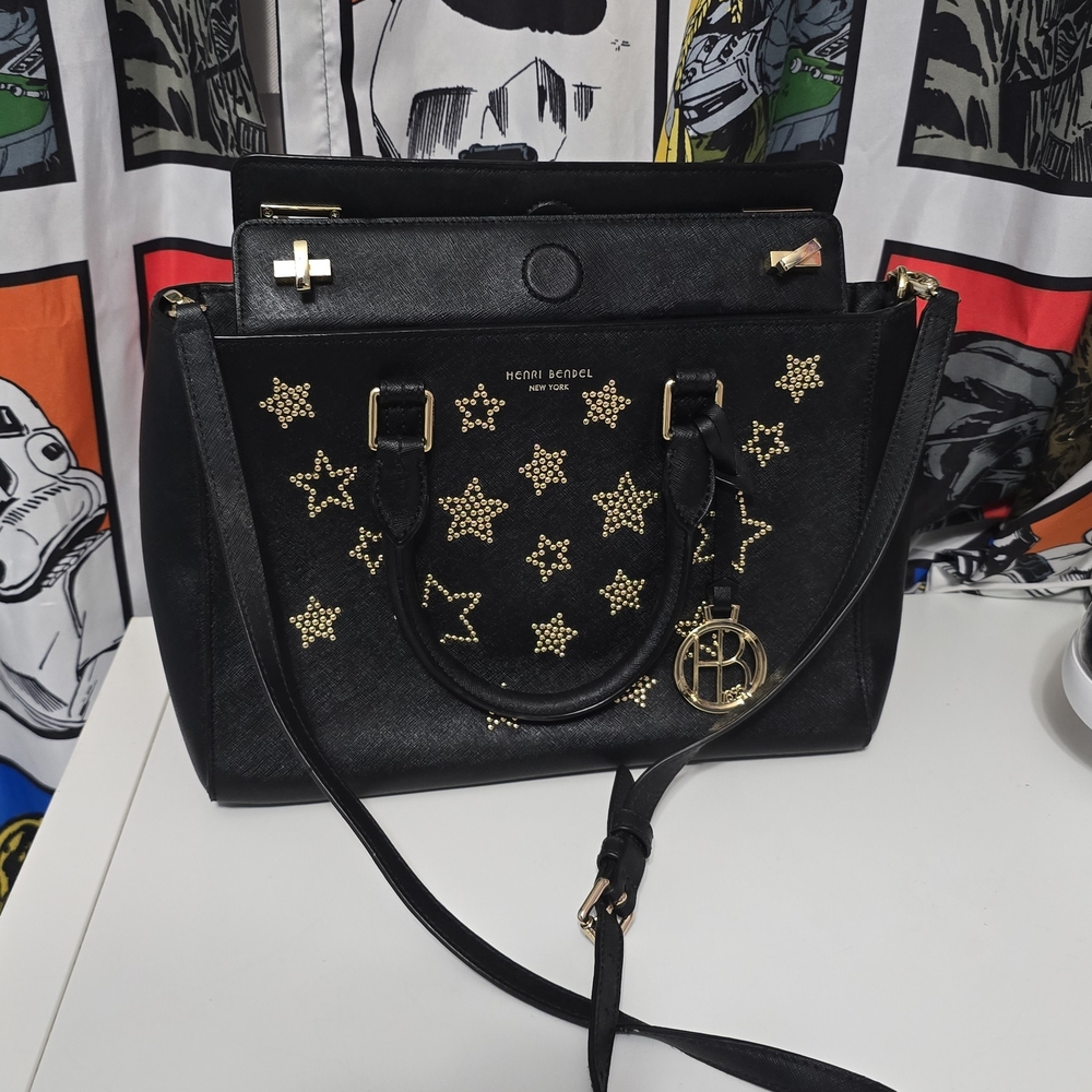 Henri Bendel Black Satchel with Gold Star Accents. Like New!!